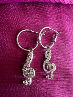 Crystal Treble Clef Hoop Earrings - Silver